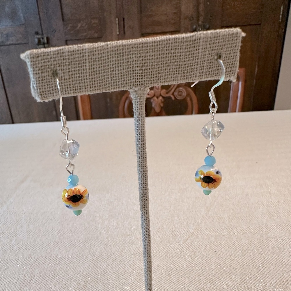 Handmade Set of 2 Memory Wire Bracelet Dangle Earrings Sunflower Turquoise Blue - Picture 3 of 10